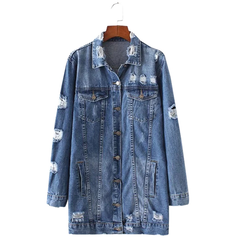 

2018 Denim Jackets Women Hole Boyfriend Style Long Sleeve Vintage Jean Jacket Denim Loose Spring Autumn Coat Jean, As pic