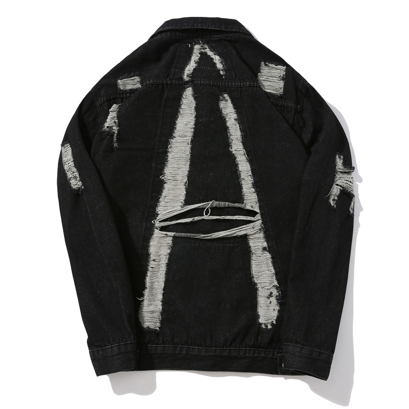 

Men's Denim Jacket Hole Loose Cardigan Jacket, Black