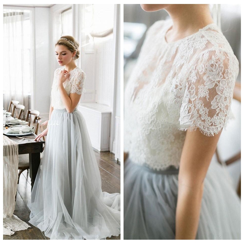 

2018 Lace Top Bohemia Summer Beach Wedding Dresses A-Line Tulle Lace Top Crew Neckline Short Sleeve Garden Wedding Bridal Gowns, Black