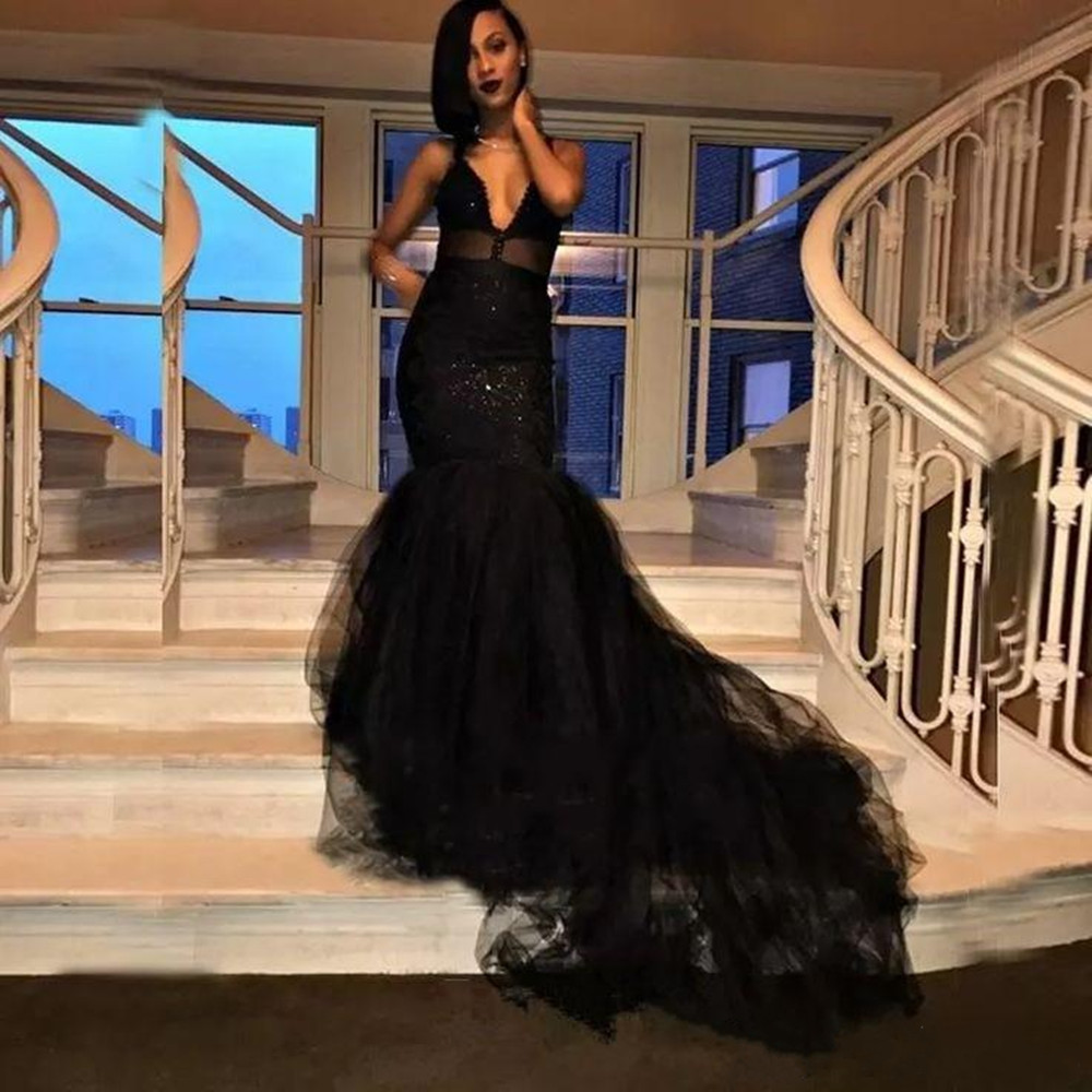 Robes de bal noires sur mesure, illusion de sirène, bretelles Spaghetti, couches, volants, longue traîne, robes d'occasion, nouvelle collection