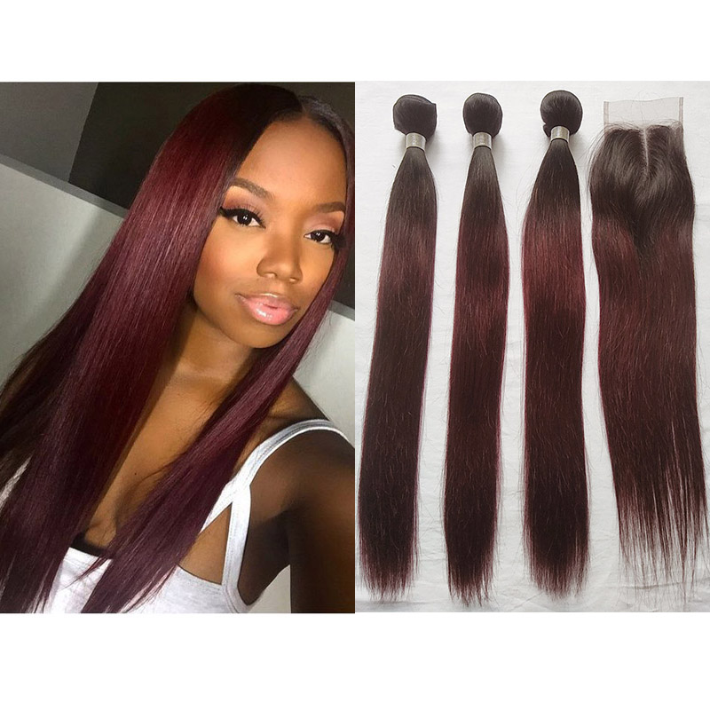 

Ombre Color 1B/99J Red Straight Hair 3 Bundles With 4x4 Lace Closure Brazilian Peruvian Malaysian Virgin Human Hair Weaves with Closure
