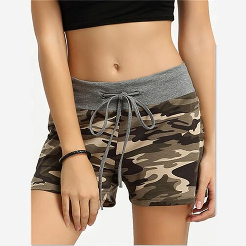 

Women printing Shorts green Camouflage print Cotton Blend patchwork Elastic Wait Drawstring summer lady wild casual Sport Active short Pant