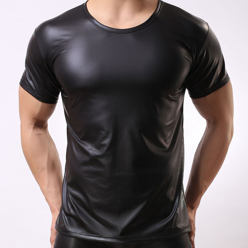 

2019 Hot Sale Fashion Sexy men t shirt stage t-shirts short sleeve Imitation leather compression Gay PU Leather men tees tight top, Black