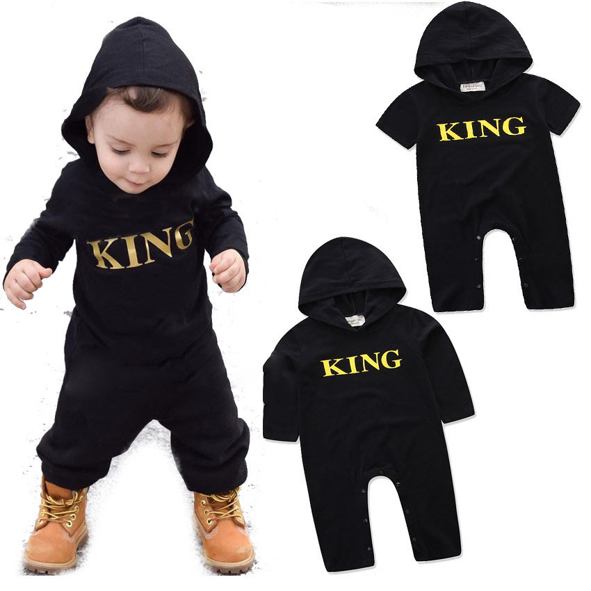 

Baby KING letter romper INS boys letter printing Jumpsuits 2018 new fashion kids Boutique Hooded Climbing clothes C3534, Black