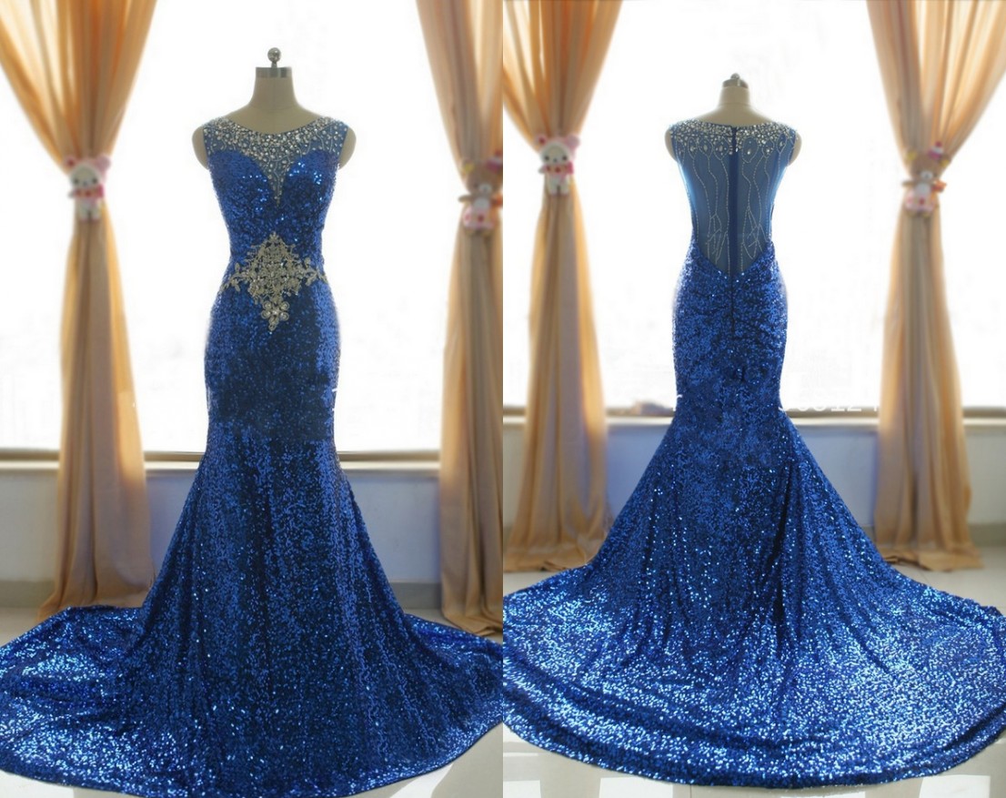

Sequined Mermaid Prom Dress Cheap Long Sheer Neck Crystal Hollow Back Short Sleeves Sweep Train Evening Formal Pageant Dresses, Dark navy