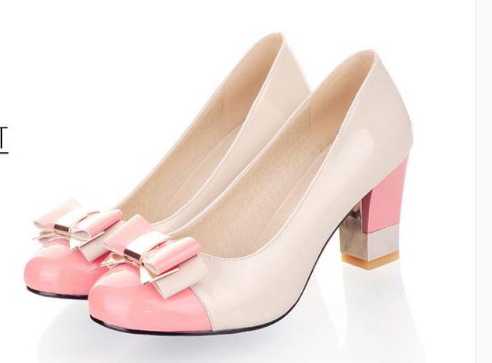 

Free send bowknot Blue Patchwork Coarse heel high heel women shoes, Pink