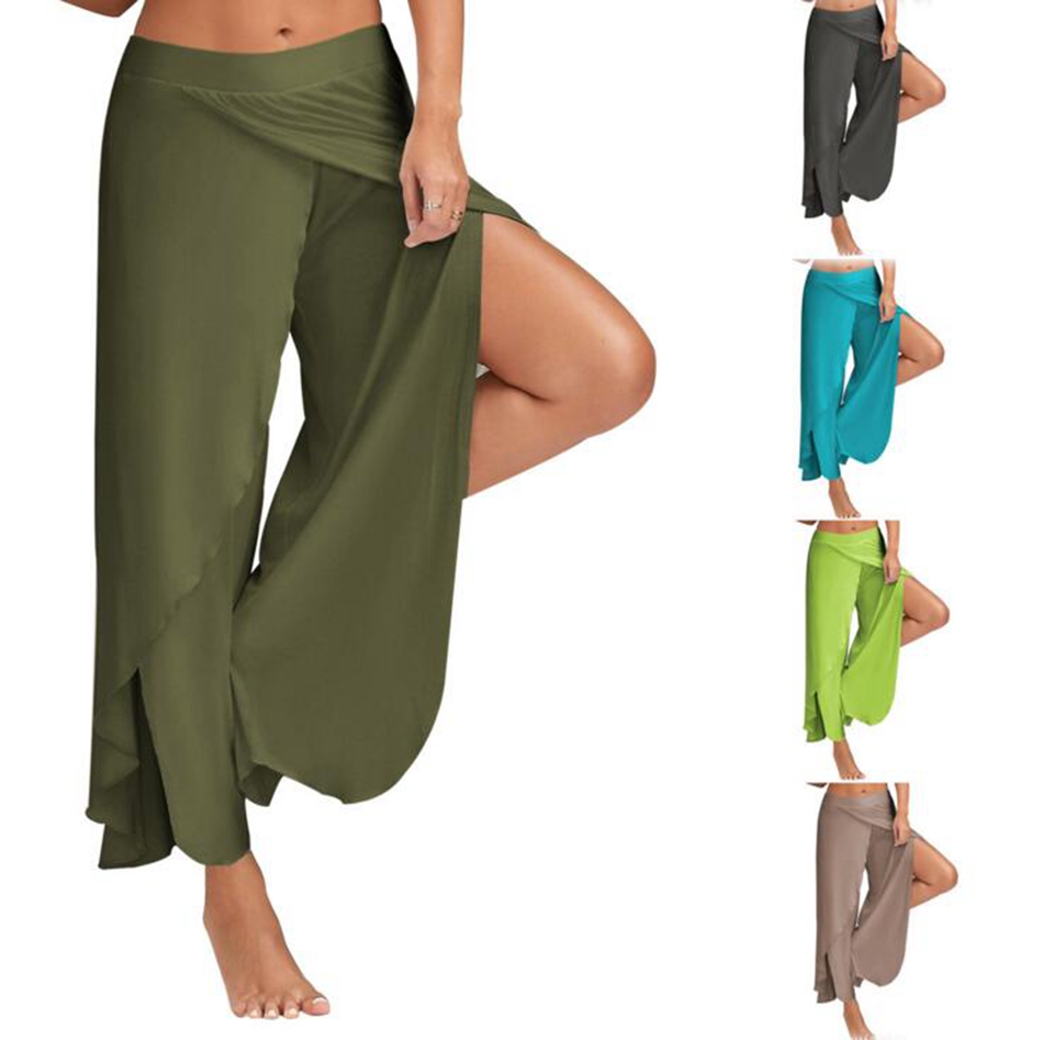 

Yoga Wide Leg Pants Gym Sport Fitness Pants Side Slit Casual Trousers Summer Loose Bloomers High Waist Dance Pants 10 Colors OOA4042, As picture