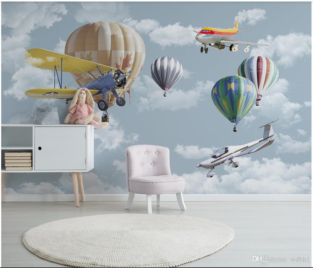 

3d wallpaper custom photo Nordic simple hand - drawn cartoon aircraft balloon children's room murals wallpaper for walls 3 d living roo, Gray