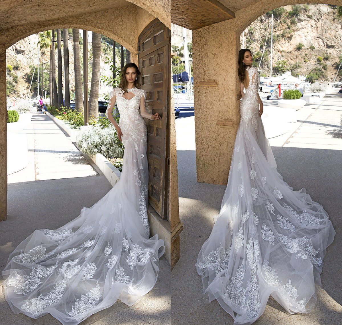 

Generous Mermaid Wedding Dresses Jewel Neck Lace Appliques Beaded Long Train Long Sleeve Country Bridal Gowns Backless Boho Wedding Dress, Ivory