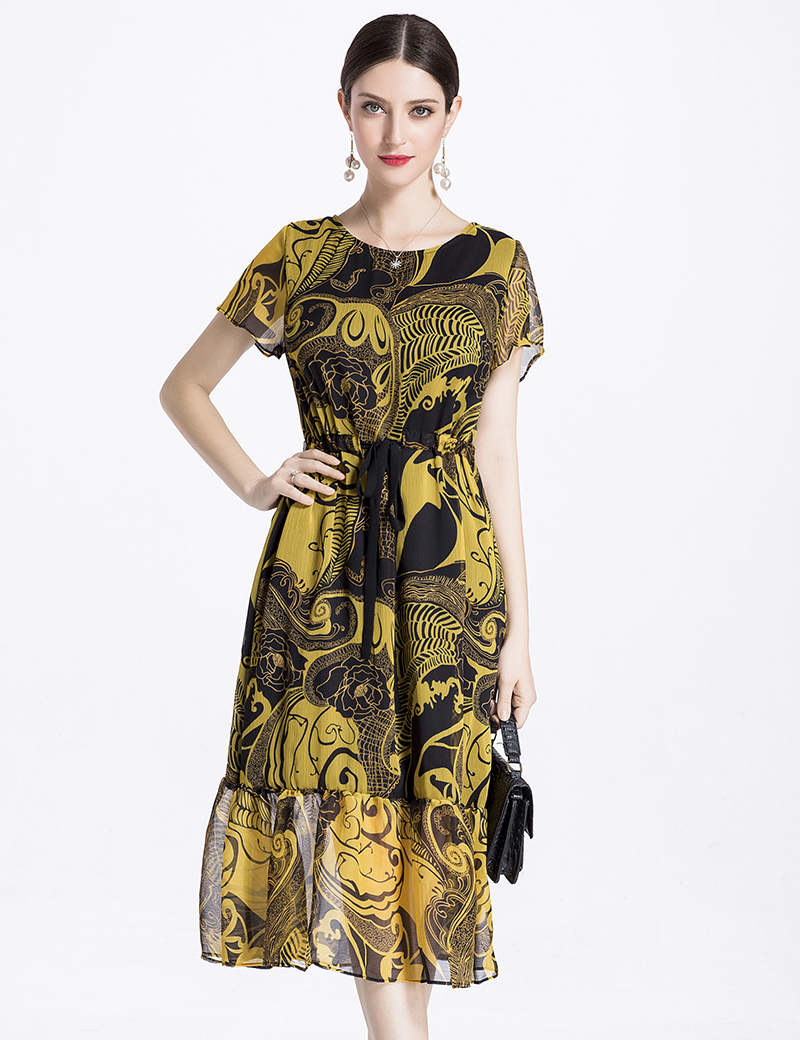 

Fashion Print Women A-Line Dress Short Sleeve Casual Dresses 06HX860, As pictures