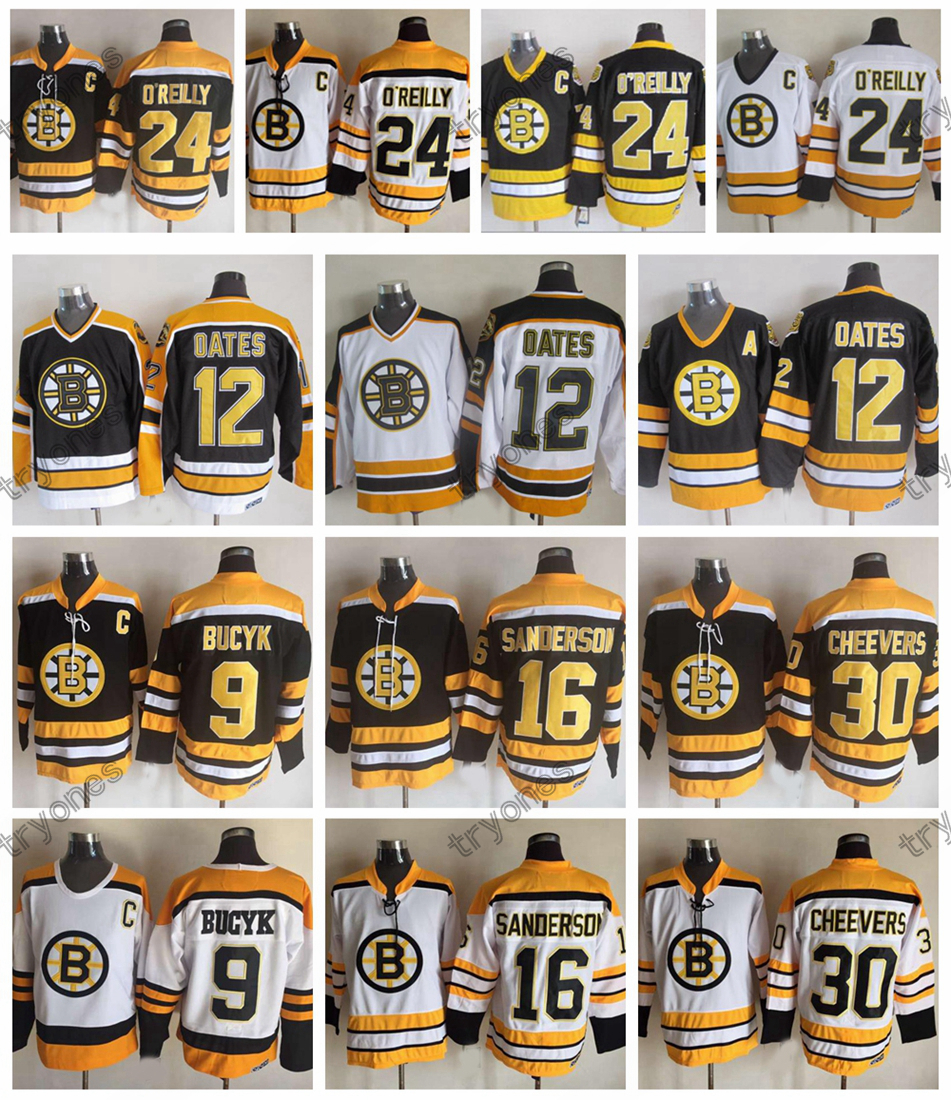 

Vintage Boston Bruins 12 Adam Oates 9 Johnny Bucyk 16 Derek Sanderson 30 Gerry Cheevers 24 Terry O'Reilly Black Hockey Jerseys, Black v yellow