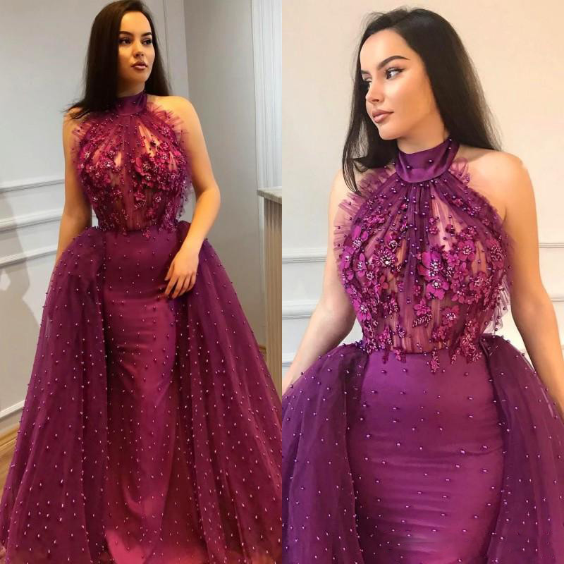 

Graceful Pearls Beaded Prom Dresses Saudi Arabia High Neck Appliques Beads Evening Gowns Sexy Backless Long Formal Party Dress Vestidos, Fuchsia
