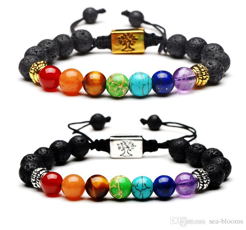 

Tree of Life Charms Braided Rope Bracelet Lava Natural Stone Essential Oil Diffuser Bracelet 7 Yoga Chakra Bracelets Jewelry Gift D235S F, Black