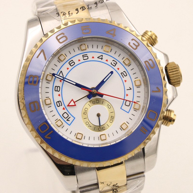 

44MM Two Tone Automatic Mechanical Sapphire Calibre 416 Mens Watches Bidirectional Rotating Blue Top Ring Bezel White Dial Watch