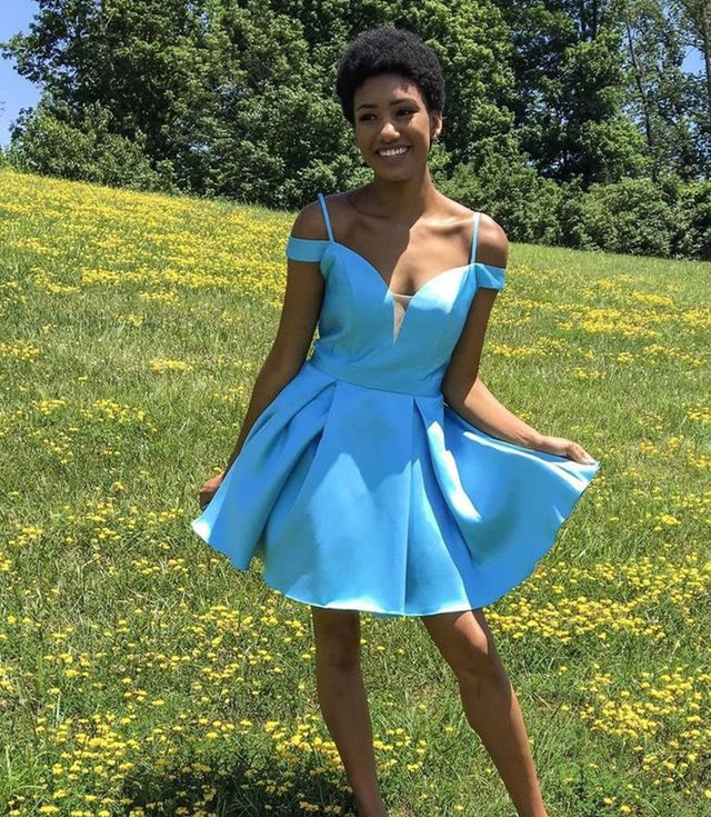 

Hot Selling Off Shoulder Sky Blue Short Homecoming Dresses with Bowknot Under 100 Women's Short Prom Gowns, Hunter