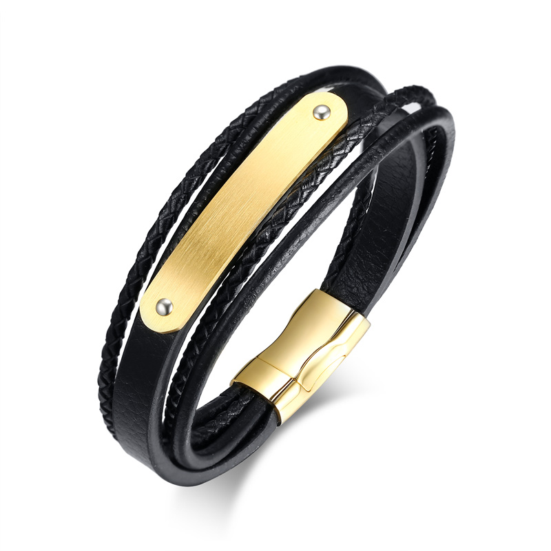 

Free Engraving Matt Blank Curved Plate Leather & Stainless Steel Bracelet Wrap Black Wristband Gifts for Men
