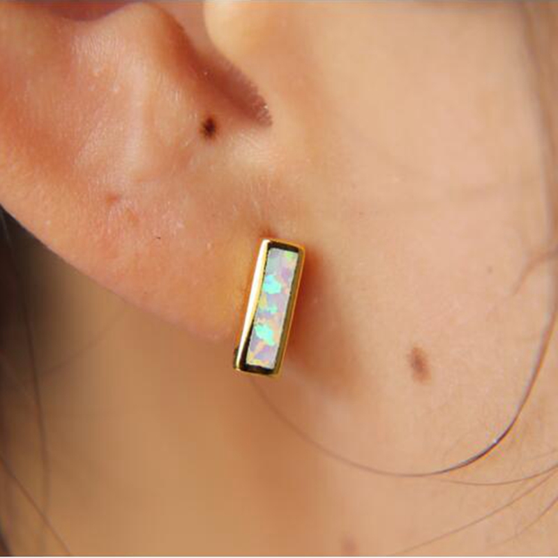 

2019 New Fashion Blue White Fire Opal Bar Stud Earrings Real 925 Sterling Silver For Women Wedding Party Small Simple Jewelry