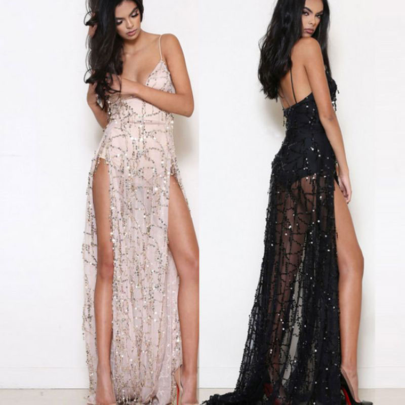 

Sexy Runway Dress Women See Through Mesh Evening Party Dresses F0445 with Sequined Tassels Split Hem Backless, Pink