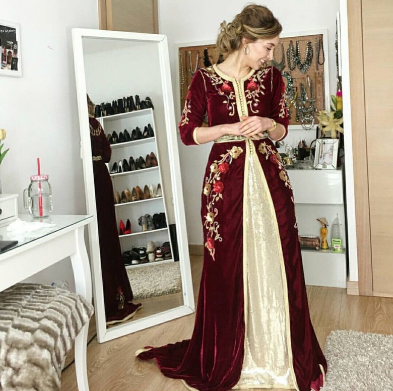 

long sleeves floor length burgundy applique new coming evening dresses custom made luxurious a line evening gowns, Brown