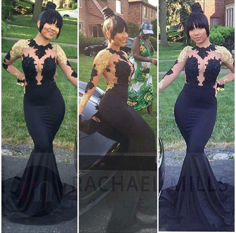 

Hot Sale Black Mermaid Prom Dresses High Neck Sheer Long Sleeves Illusion Bodices Gold Appliques Beaded Sexy Backless Evening Party Gowns, Red