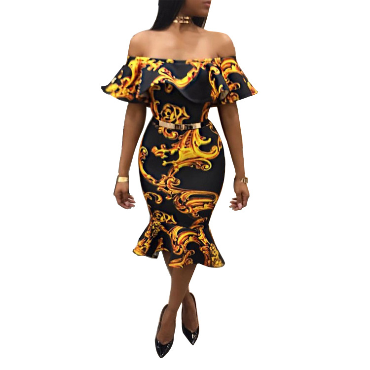 

Vintage Summer Autumn Casual Dress Sexy Fashion Women Ruffled Neck Floral Printed Elegant Dress  S-2XL, As pic