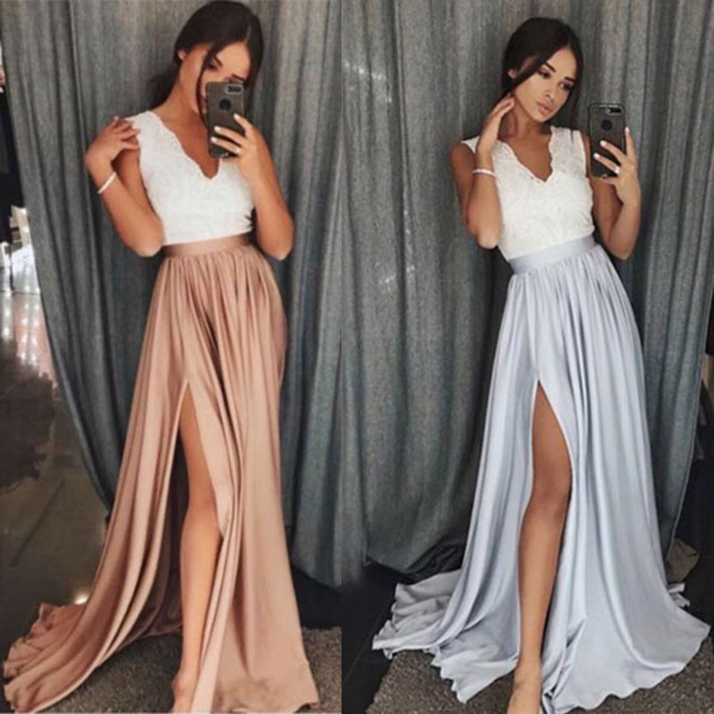 Robe longue de bal élégante, décolleté en v profond, fente haute, en mousseline de soie supérieure, sans manches, ligne a, fermeture éclair, robe