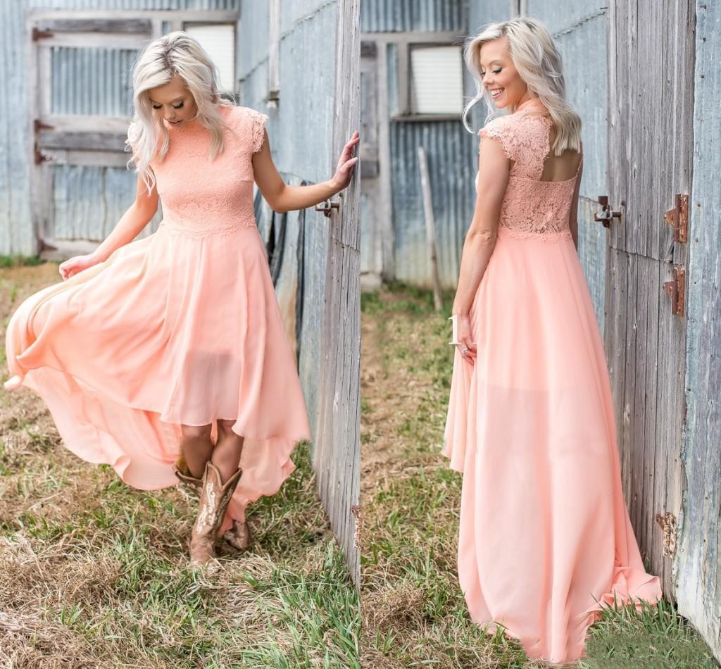 

Peach Bridesmaid Dresses 2018 High Cap Sleeve Lace Applique Hollow Back High Low Chiffon A Line Bohemian Beach Country Wedding Guest Gowns