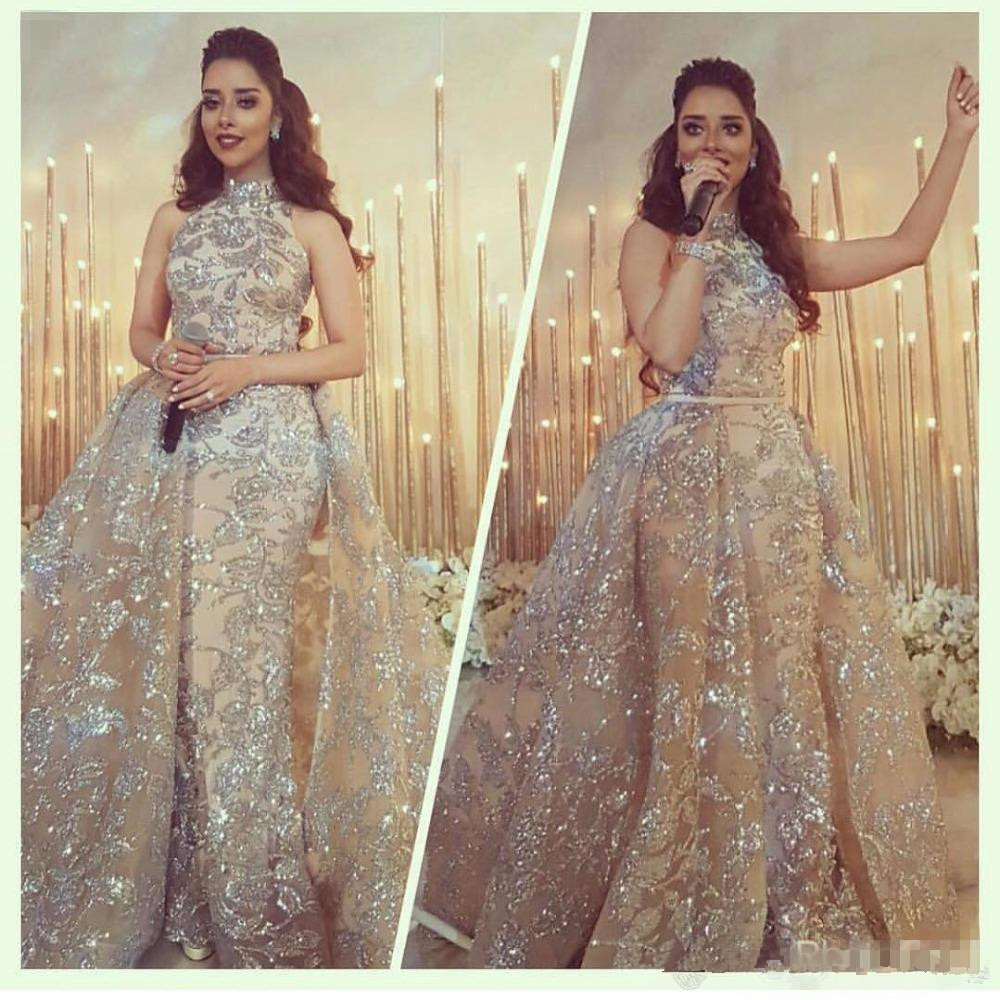 

Yousef Aljasmi 2018 Modest High Neck Mermaid Prom Dresses with Overskirt champagne Sparkly Dubai Arabic Occasion Evening Wear Gowns, Brown