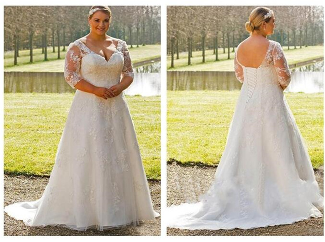 

Plus Size A line Wedding Dress with Half Sleeve Sweetheart Sheer Lace Corset Back Vestios De Novia Bridal Gowns, White