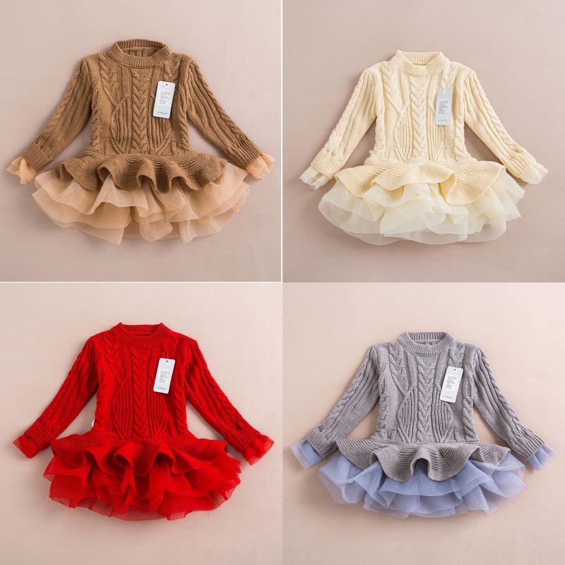 

New Thick Warm Girls Sweater Dresses Kids Knitted Organza Crochet Ruffles Dress Autumn Winter Children Sweater Dress High Quality Z11, Red