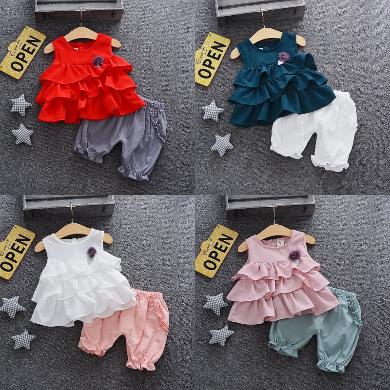 

summer baby girls Multi-layer sleeveless vest cake tops T shirts+ Bloomers shorts 2pcs/set Girl Sweet Princess suit, Pink