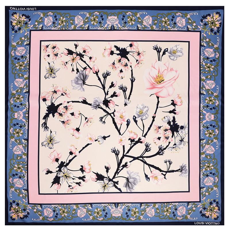 

New Twill Silk Scarf Woman Plum Tree Print Fashion NecKerchief Silk Foulard Female Shawls Wraps Stoles Square Head Scarves 130CM, Blue;gray