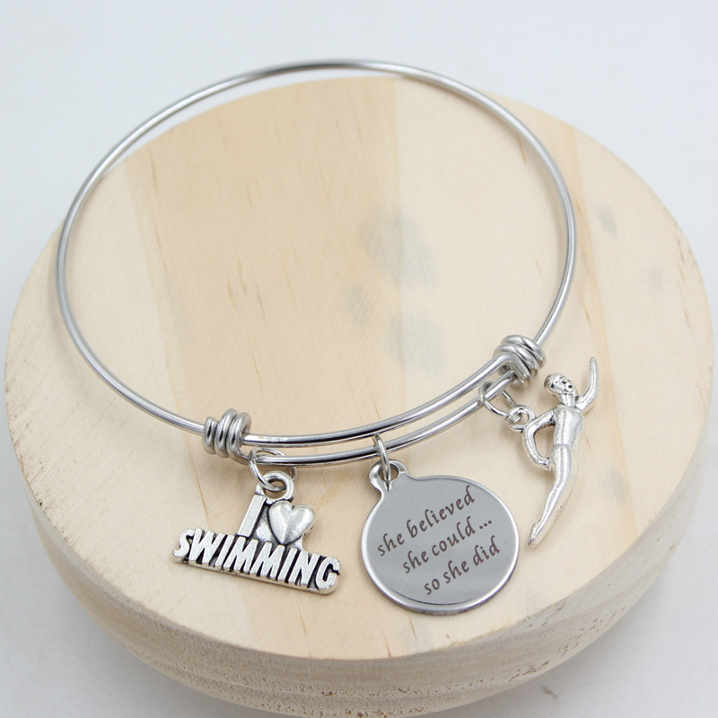 Nouvelle Arrivée Mode Fitness J'aime Natation Charme Bracelet En Acier Inoxydable Bracelets Fil Réglable Expandble Bracelet Femmes Bijoux Cadeau