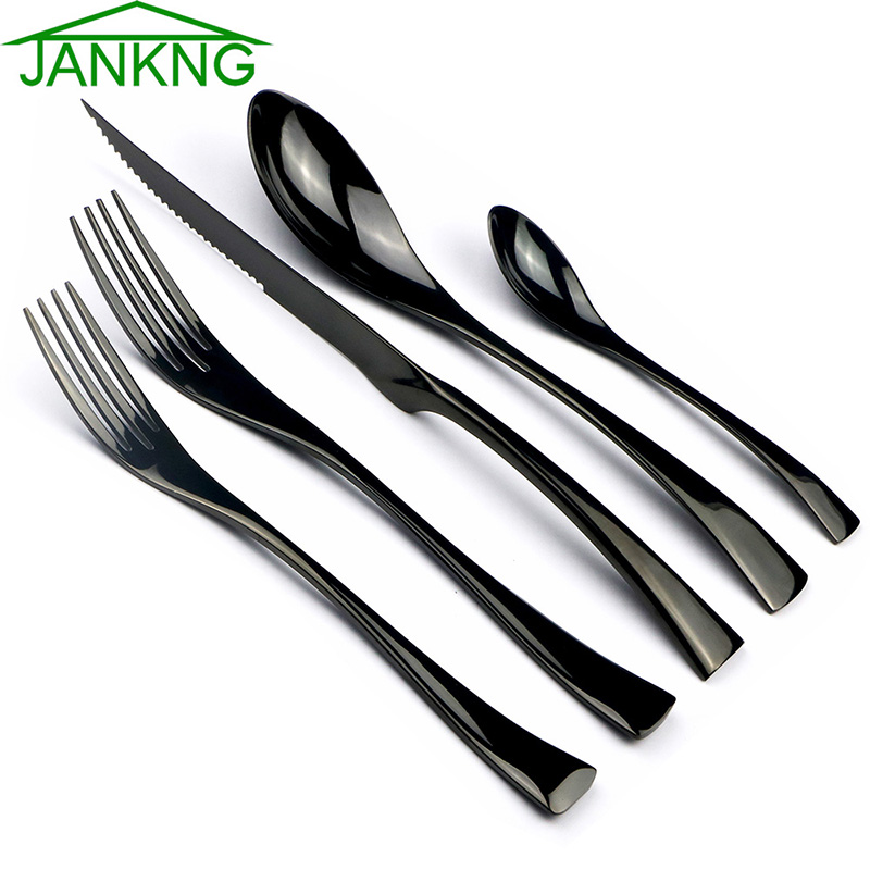 

JANKNG 5Pcs/Set Cutlery Set 18/10 Stainless Steel Black Dinnerware Serrated Sharp Steak Knife Tableware Set Service For 1