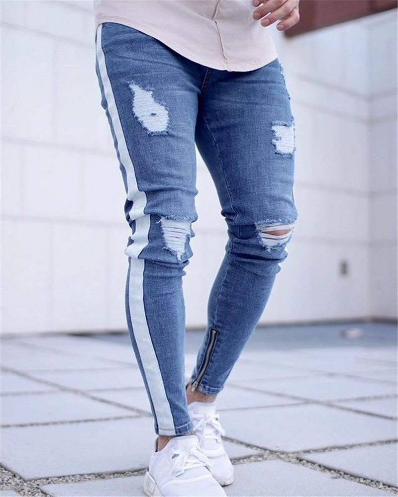 Men Broken Hole Jeans Cotton Blue Slim Fit bagger Motorcycle Jeans Men Vintage Distressed Denim Pants Wholesale-image-400971852