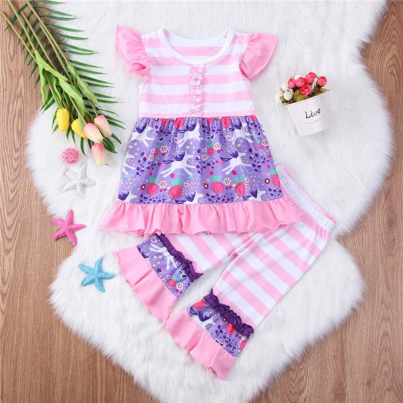 

Baby floral printed outfits pink lotus leaf Horse Striped Short Sleeve Top + Pants Two-piece set cute baby girl clothes, As pic