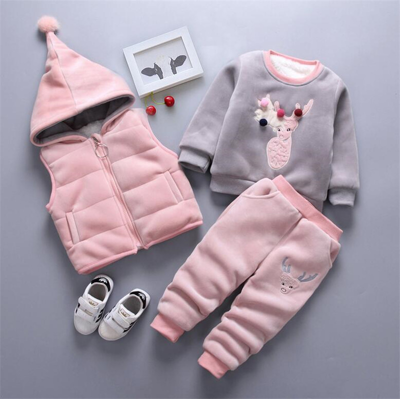 Vêtements d'hiver Set bébé Vêtements pour enfants Costume d'enfants Pull bébés filles chaud épais velours trois pièces Survêtement Set