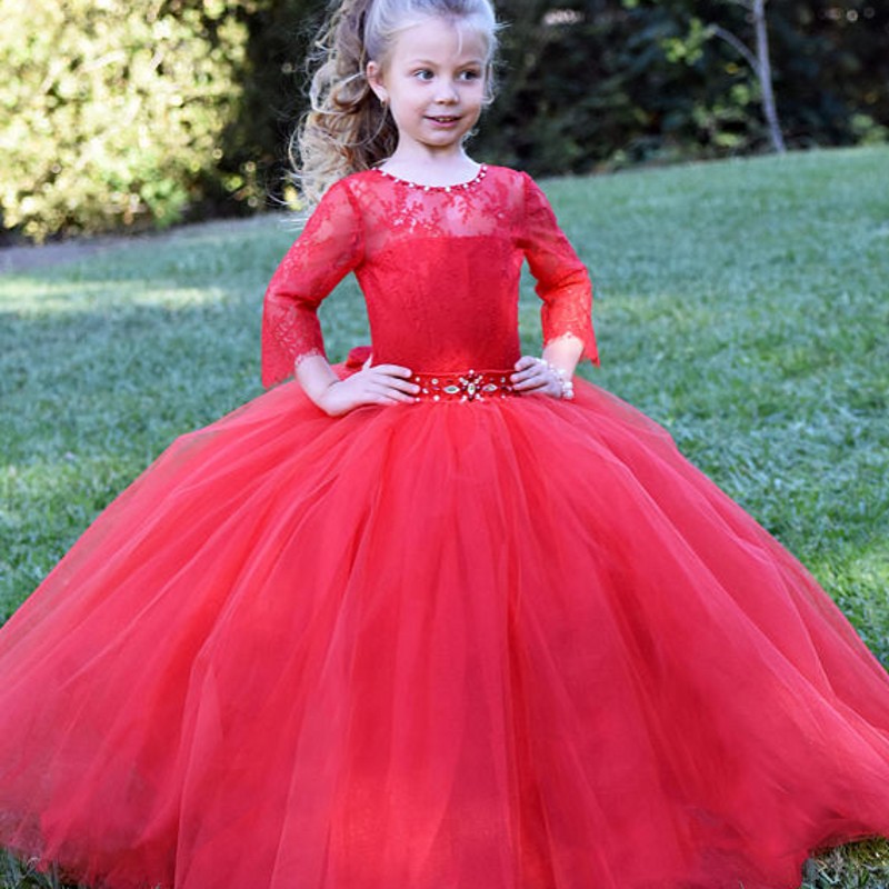 

Long Sleeves Red Flower Girls Dresses Lace Tulle Ball Gown Girls Pageant Dresses Crystal Ribbon Sash Children Wedding Birthday Party Dresses, Orange