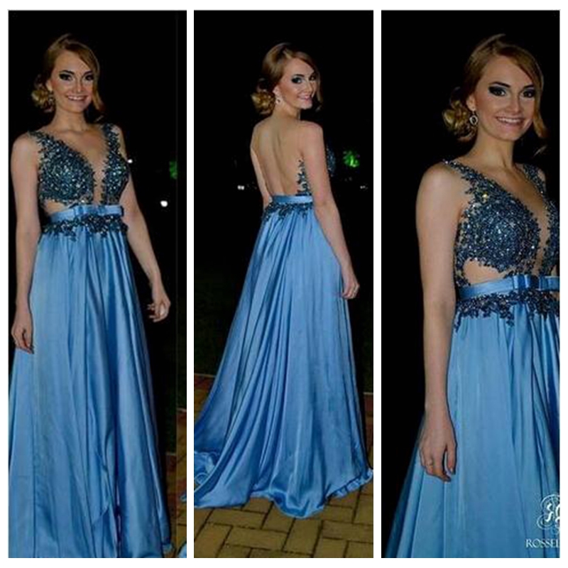 

2018 Elegant Charming A Line Sheer Back Custom Women Formal Gowns Long Blue Evening Dresses With Appliques Robe De Soiree, Grape