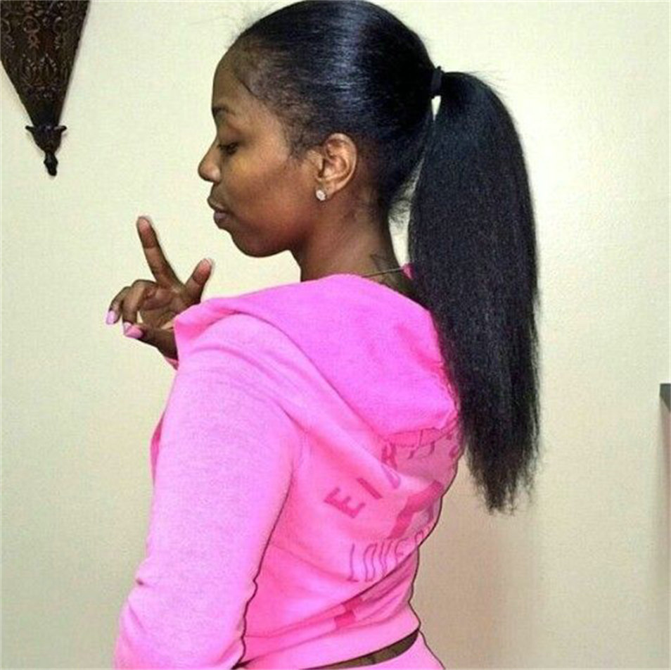 

African AMERICAN Kinky Straight Ponytail Coarse yaki Drawstring Ponytail Clip in Wraps Italian Yaki Ponytail hair extension natural black 1b