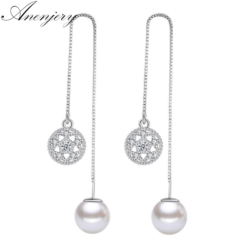 Anenjery Micro Zircon fleur de lotus Simulation de perles boucles d'oreilles pour les femmes en argent sterling 925 longues boucles d'oreilles oo