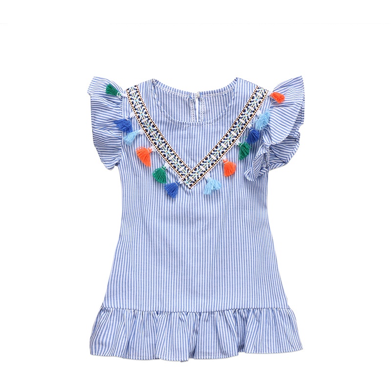 

baby girls striped dress with tassels pendant falbala ruffel short sleeve princess dress kids summer dress, As pic
