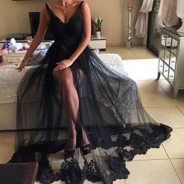 

Sexy Black A-line Evening Gowns V-Neck Sheer Tulle Prom Dresses Backless Sheer Formal Party Wear Black Girls Party Dresses, Yellow