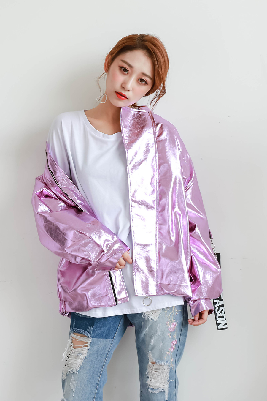 2018 Spring Autumn New Metal Bomber Jacket Pink Silver Hologram Coat Punk Hip Hop Loosen Casual Women Men Outwear Chaqueta Mujer S18101203