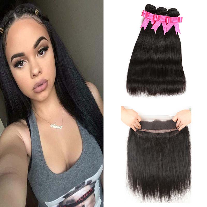 

360 Full Lace Frontal Closure With 3 Bundles Malaysian Straight Human Hair Vendors Unprocessed Malaysian Human Hair Weaves Best Quality, Natural color