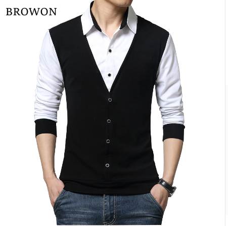 

BROWON Autumn Mens T Shirts Fashion Fake Two Clothing Cool T-shirt Men Long Sleeve T Shirt Casual Male