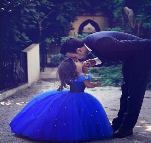 

Long Princess Cinderella Flower Girl Dresses Off-the-shoulder Floor Length Ball Gown Blue Kids Pageant Gowns Newest Design Custom Made, White;blue