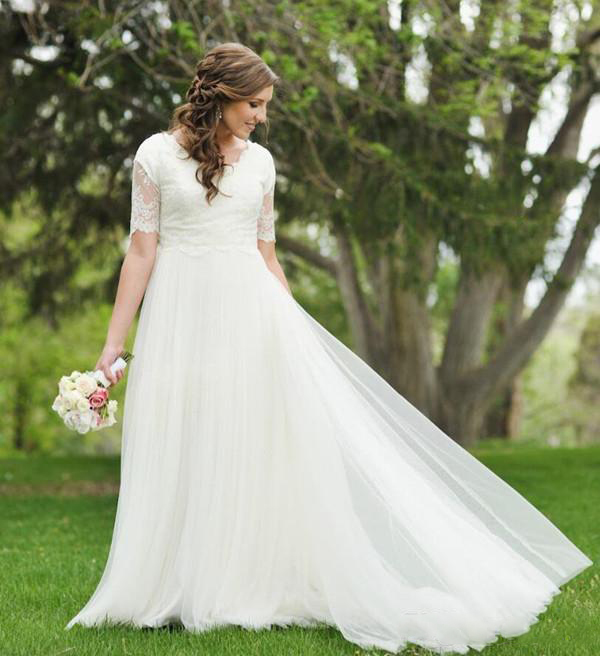 

Half Sleeve Lace Wedding Dresses Cheap A-Line Scoop Garden Wedding Gowns Floor Length Bride Dresses vestido de noiva, White