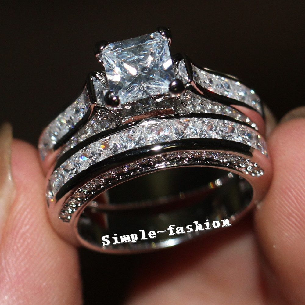 

Fashion Jewelry Women Princess cut 7mm 5A Cz birthstones ring 14KT White Gold Filled Engagement Wedding Band Ring Set