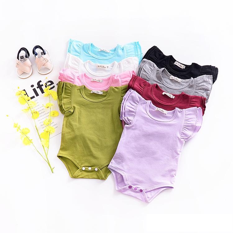 

Baby Girl Solid Color Cotton Romper Short Sleeve Flutter Sleeve Cute Rompers All-matched Onesies 8 colors, Multi-color